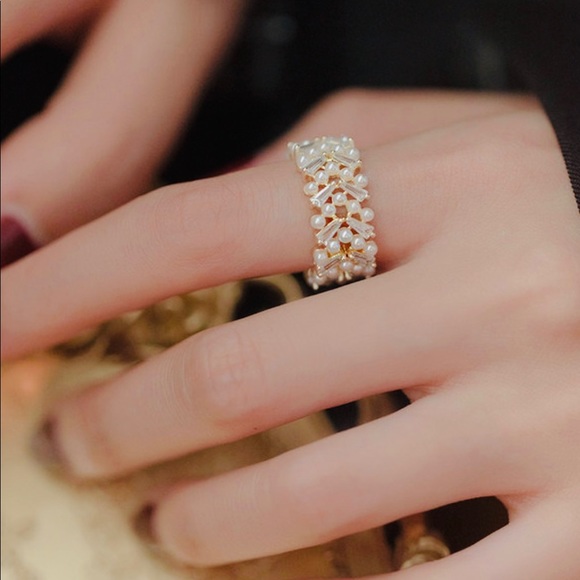 High Quality Pearl Zircon Gold Open Rings For Woman Resizable Gold Pearls Ring - Picture 7 of 8